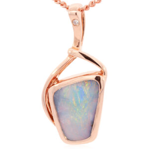 Rose Gold Blue Green Yellow Orange Pink Solid Australian Boulder Opal and Diamond Pendant Necklace