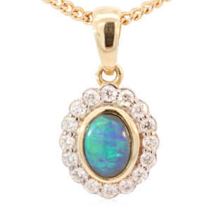 Yellow Gold Blue Green Black Opal and Diamond Pendant