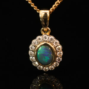 Yellow Gold Blue Green Black Opal and Diamond Pendant