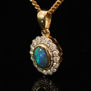 Yellow Gold Blue Green Black Opal and Diamond Pendant