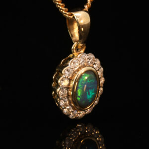 Yellow Gold Blue Green Black Opal and Diamond Pendant