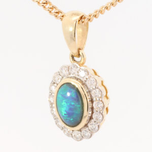 Yellow Gold Blue Green Black Opal and Diamond Pendant
