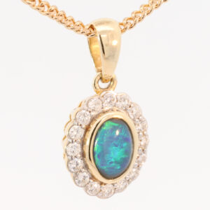 Yellow Gold Blue Green Black Opal and Diamond Pendant