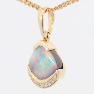 Yellow Gold Blue Green Yellow Orange Red Solid Australian Boulder Opal and Diamond Pendant Necklace
