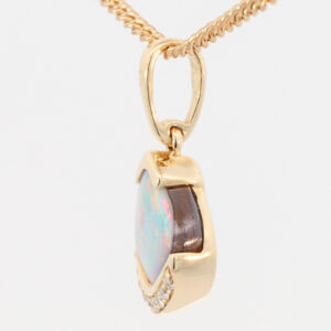 Yellow Gold Blue Green Yellow Orange Red Solid Australian Boulder Opal and Diamond Pendant Necklace