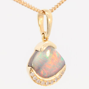 Yellow Gold Blue Green Yellow Orange Red Solid Australian Boulder Opal and Diamond Pendant Necklace