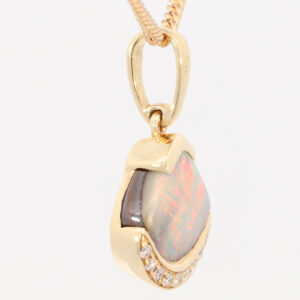 Yellow Gold Blue Green Yellow Orange Red Solid Australian Boulder Opal and Diamond Pendant Necklace