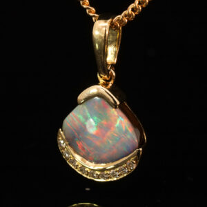 Yellow Gold Blue Green Yellow Orange Red Solid Australian Boulder Opal and Diamond Pendant Necklace