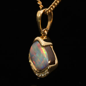 Yellow Gold Blue Green Yellow Orange Red Solid Australian Boulder Opal and Diamond Pendant Necklace