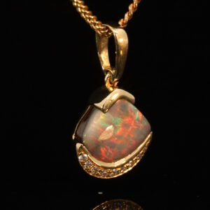 Yellow Gold Blue Green Yellow Orange Red Solid Australian Boulder Opal and Diamond Pendant Necklace