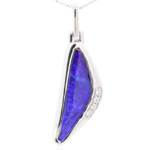 White Gold Blue Purple Solid Australian Boulder Opal and Diamond Pendant Necklace
