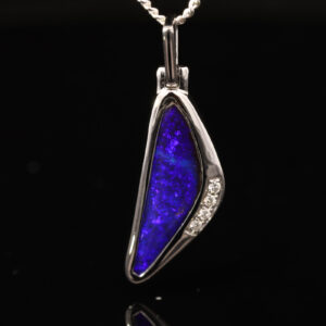 White Gold Blue Purple Solid Australian Boulder Opal and Diamond Pendant Necklace