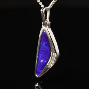White Gold Blue Purple Solid Australian Boulder Opal and Diamond Pendant Necklace