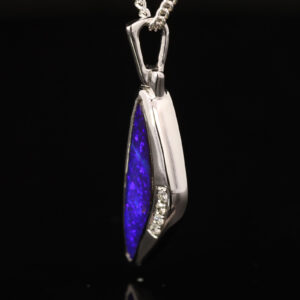 White Gold Blue Purple Solid Australian Boulder Opal and Diamond Pendant Necklace