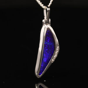 White Gold Blue Purple Solid Australian Boulder Opal and Diamond Pendant Necklace