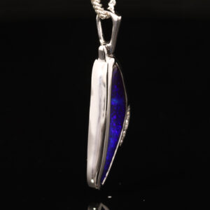 White Gold Blue Purple Solid Australian Boulder Opal and Diamond Pendant Necklace