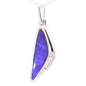 White Gold Blue Purple Solid Australian Boulder Opal and Diamond Pendant Necklace