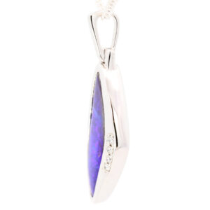 White Gold Blue Purple Solid Australian Boulder Opal and Diamond Pendant Necklace