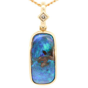 Yellow Gold Blue Green Solid Australian Boulder Opal and Diamond Pendant Necklace