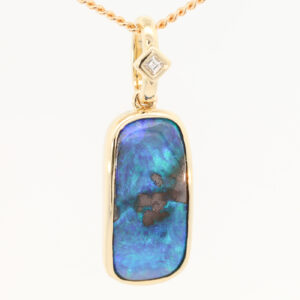 Yellow Gold Blue Green Solid Australian Boulder Opal and Diamond Pendant Necklace