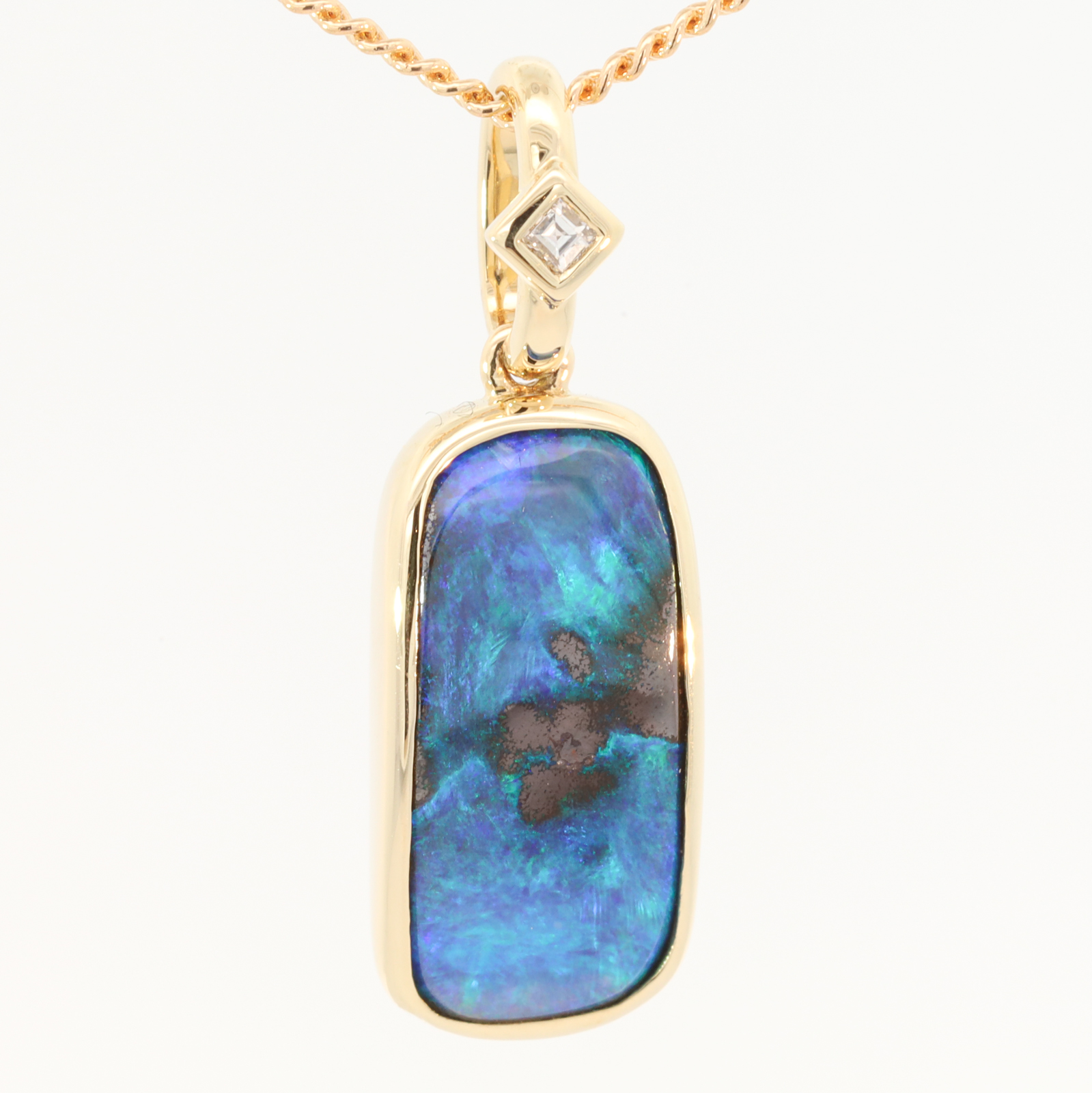 Yellow Gold Blue Green Solid Australian Boulder Opal and Diamond Pendant Necklace