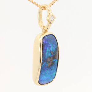 Yellow Gold Blue Green Solid Australian Boulder Opal and Diamond Pendant Necklace