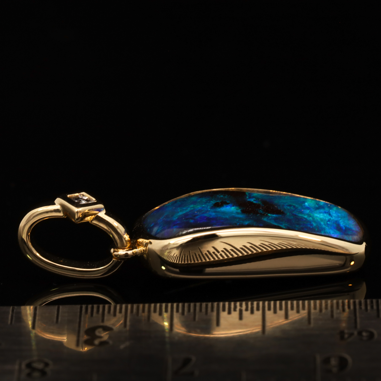 Yellow Gold Blue Green Solid Australian Boulder Opal and Diamond Pendant Necklace