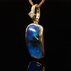 Yellow Gold Blue Green Solid Australian Boulder Opal and Diamond Pendant Necklace