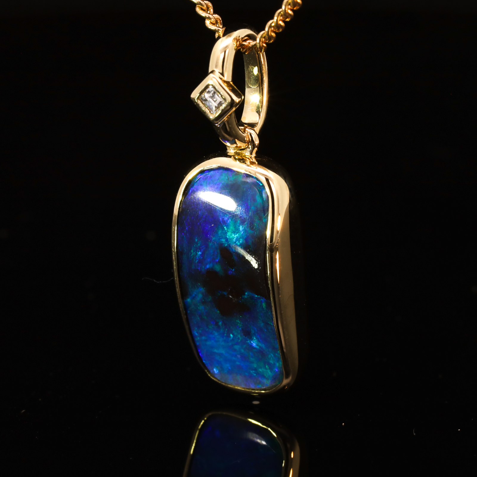 Yellow Gold Blue Green Solid Australian Boulder Opal and Diamond Pendant Necklace