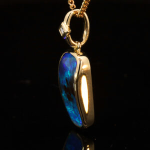 Yellow Gold Blue Green Solid Australian Boulder Opal and Diamond Pendant Necklace