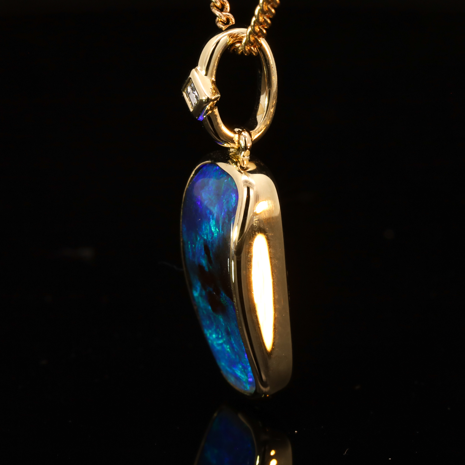 Yellow Gold Blue Green Solid Australian Boulder Opal and Diamond Pendant Necklace