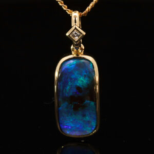 Yellow Gold Blue Green Solid Australian Boulder Opal and Diamond Pendant Necklace
