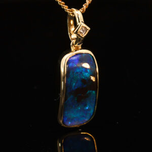Yellow Gold Blue Green Solid Australian Boulder Opal and Diamond Pendant Necklace