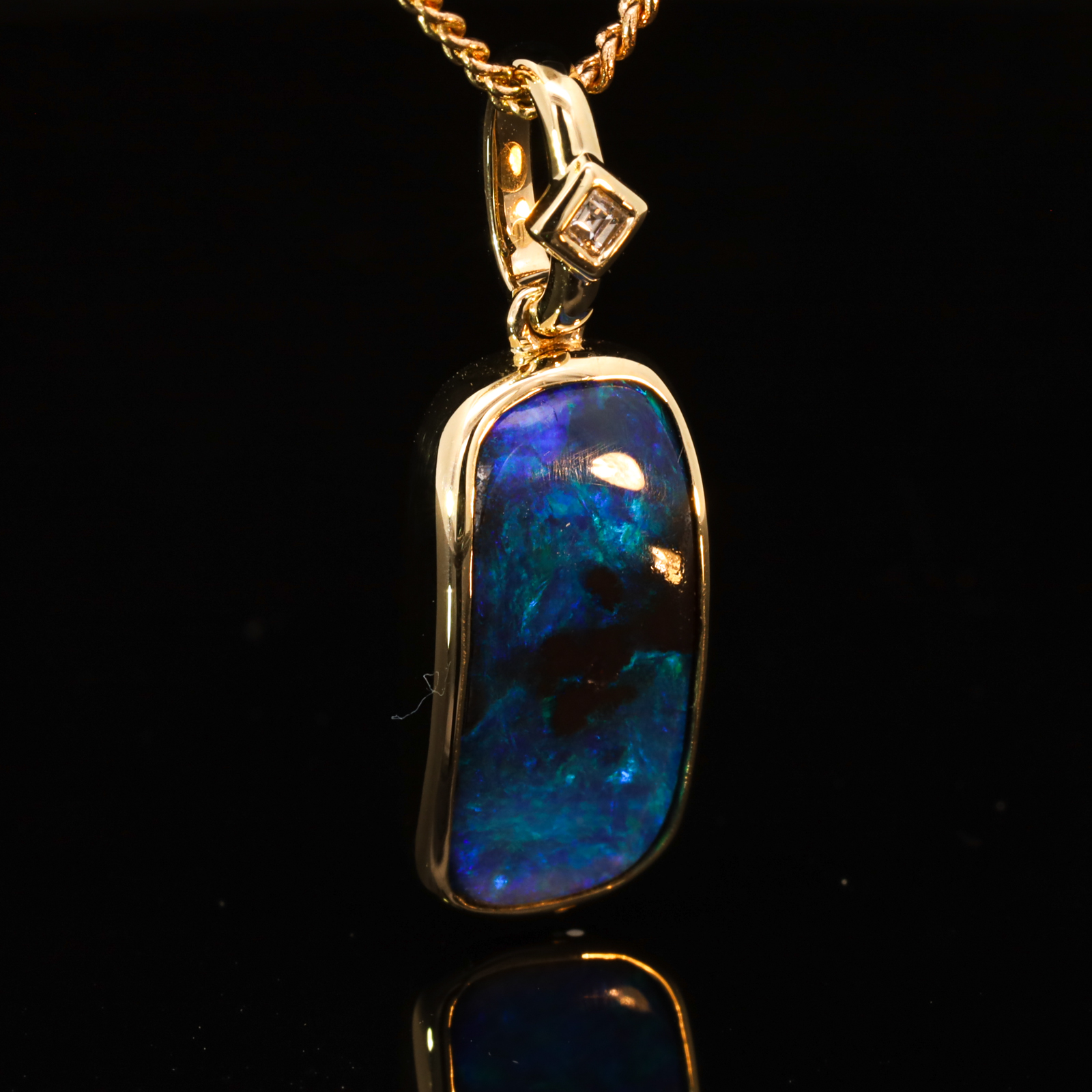 Yellow Gold Blue Green Solid Australian Boulder Opal and Diamond Pendant Necklace