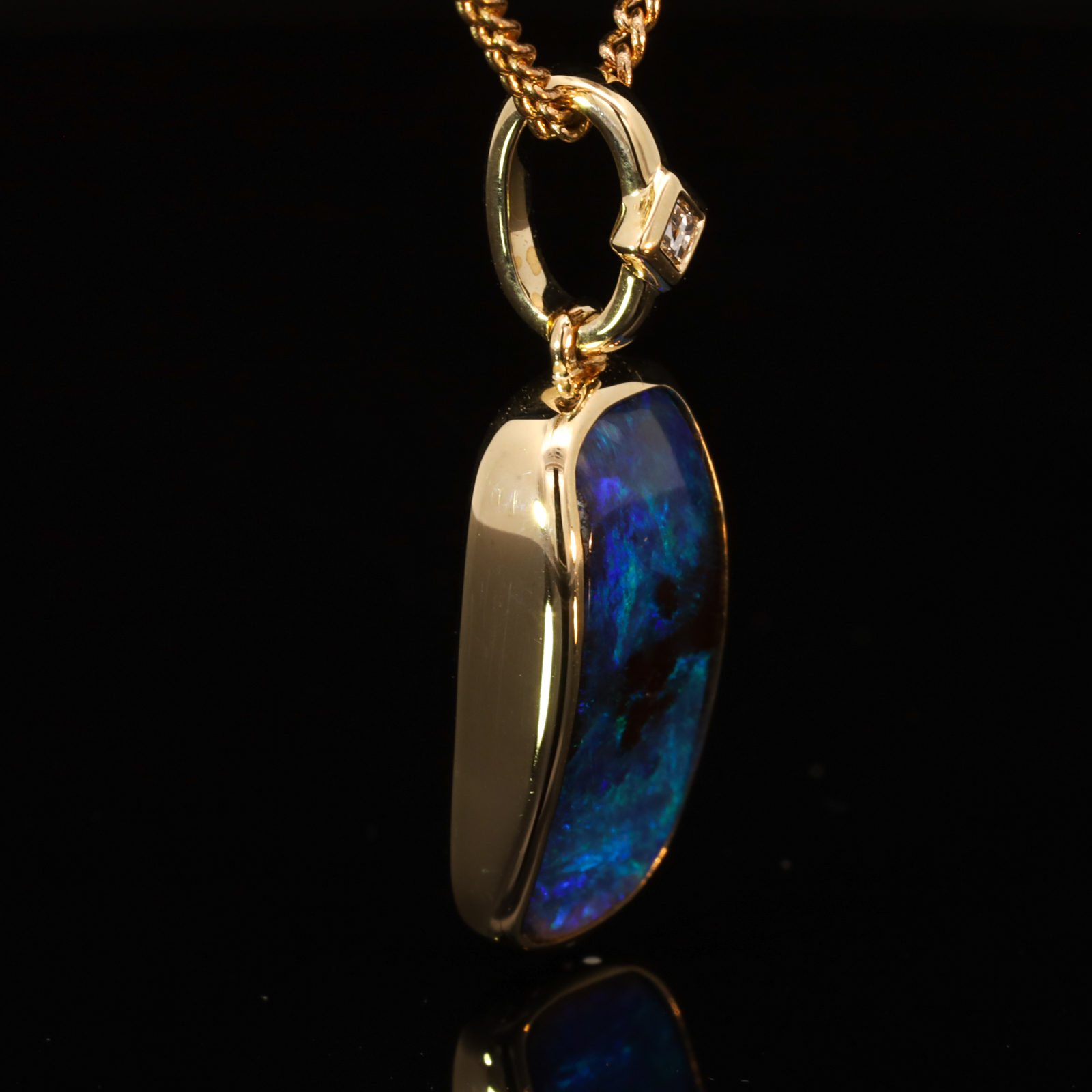 Yellow Gold Blue Green Solid Australian Boulder Opal and Diamond Pendant Necklace