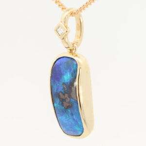 Yellow Gold Blue Green Solid Australian Boulder Opal and Diamond Pendant Necklace
