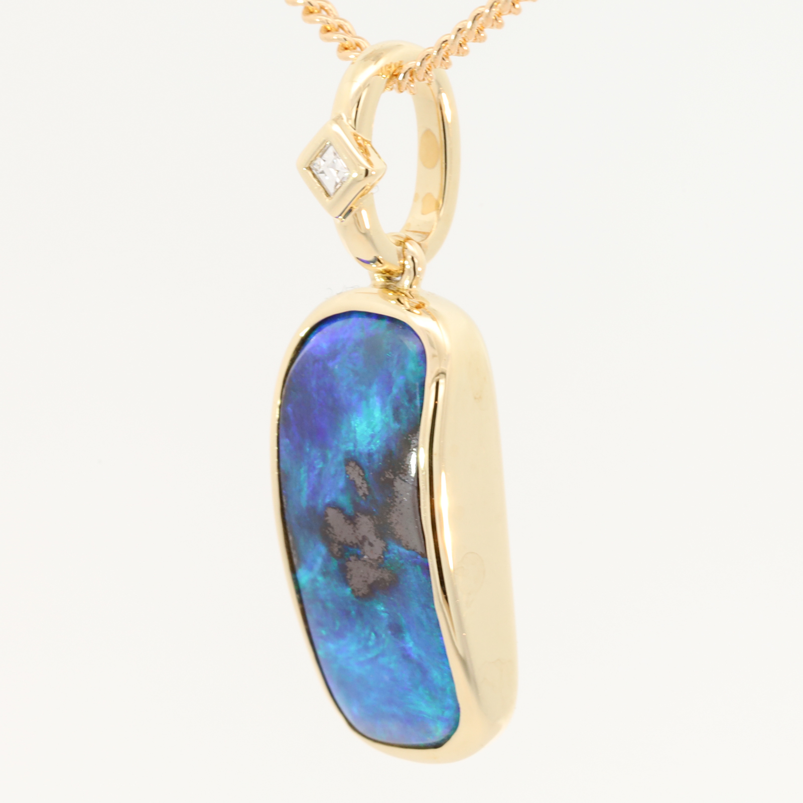 Yellow Gold Blue Green Solid Australian Boulder Opal and Diamond Pendant Necklace