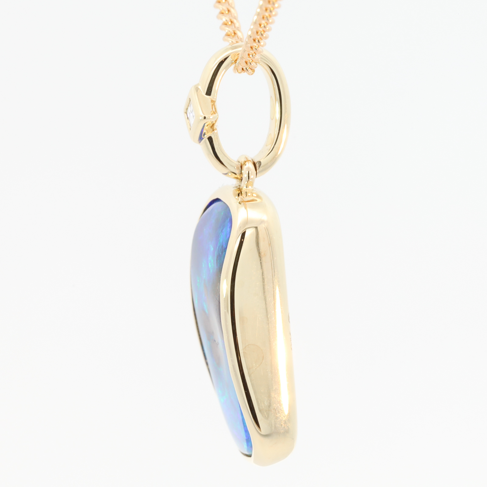 Yellow Gold Blue Green Solid Australian Boulder Opal and Diamond Pendant Necklace