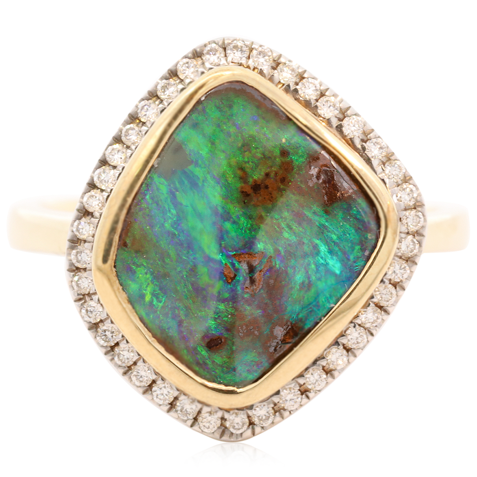 Yellow Gold Blue Green Boulder Opal and Diamond Ring