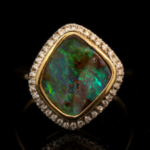 Yellow Gold Blue Green Boulder Opal and Diamond Ring