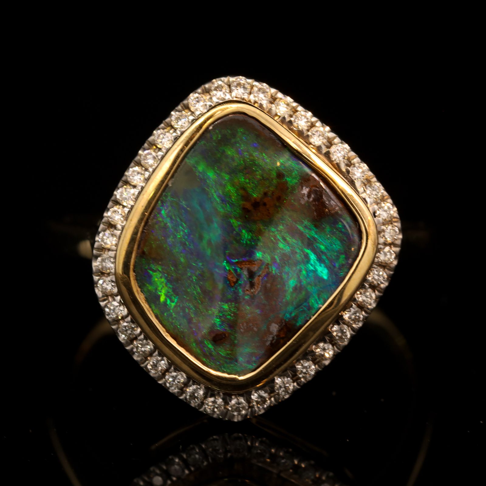 Yellow Gold Blue Green Boulder Opal and Diamond Ring