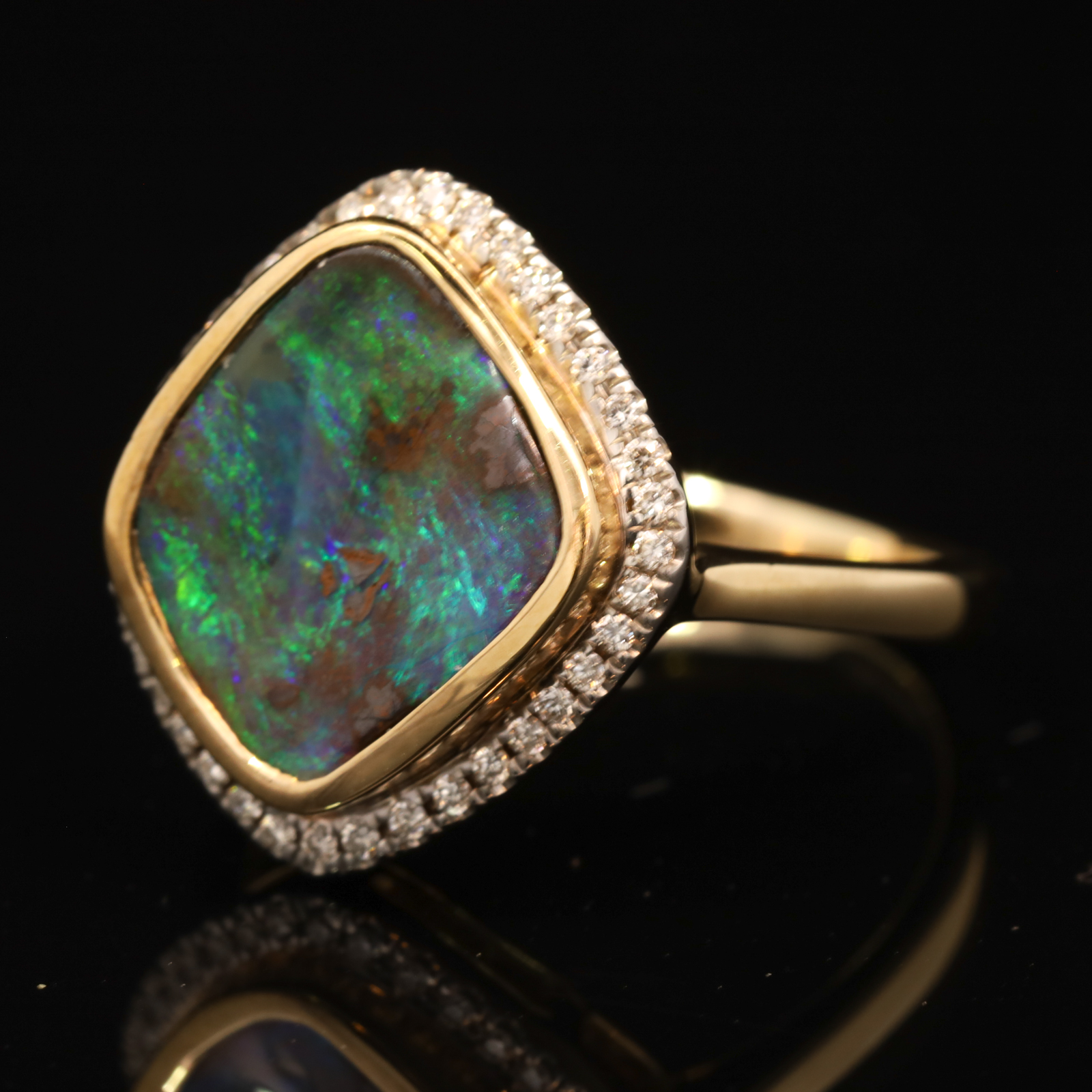 Yellow Gold Blue Green Boulder Opal and Diamond Ring