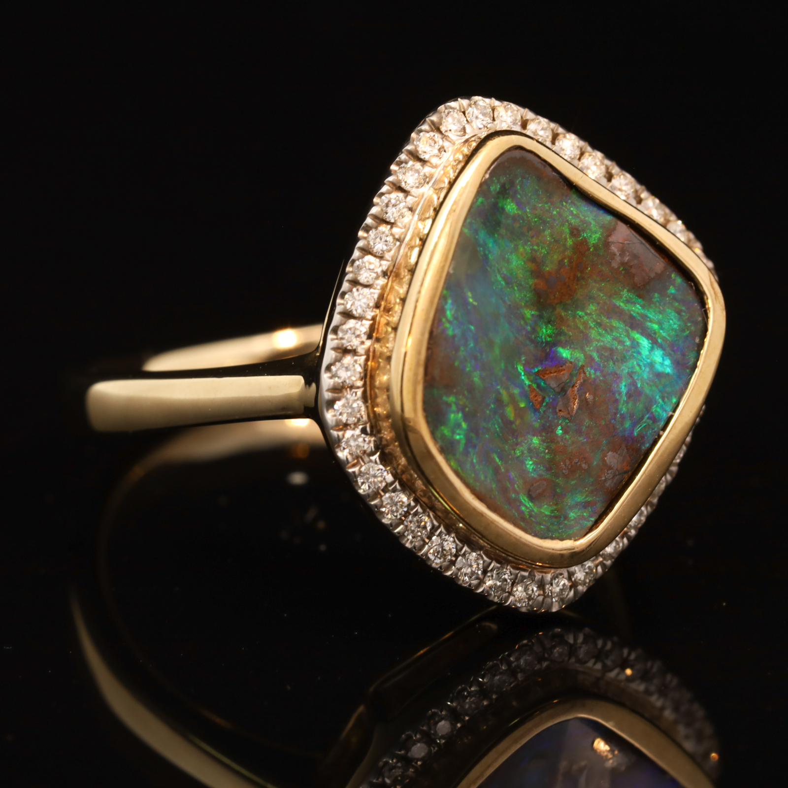 Yellow Gold Blue Green Boulder Opal and Diamond Ring
