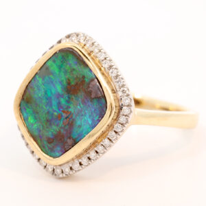 Yellow Gold Blue Green Boulder Opal and Diamond Ring
