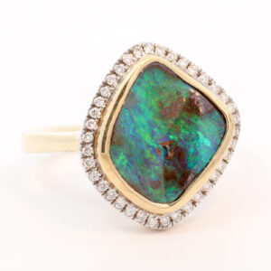 Yellow Gold Blue Green Boulder Opal and Diamond Ring