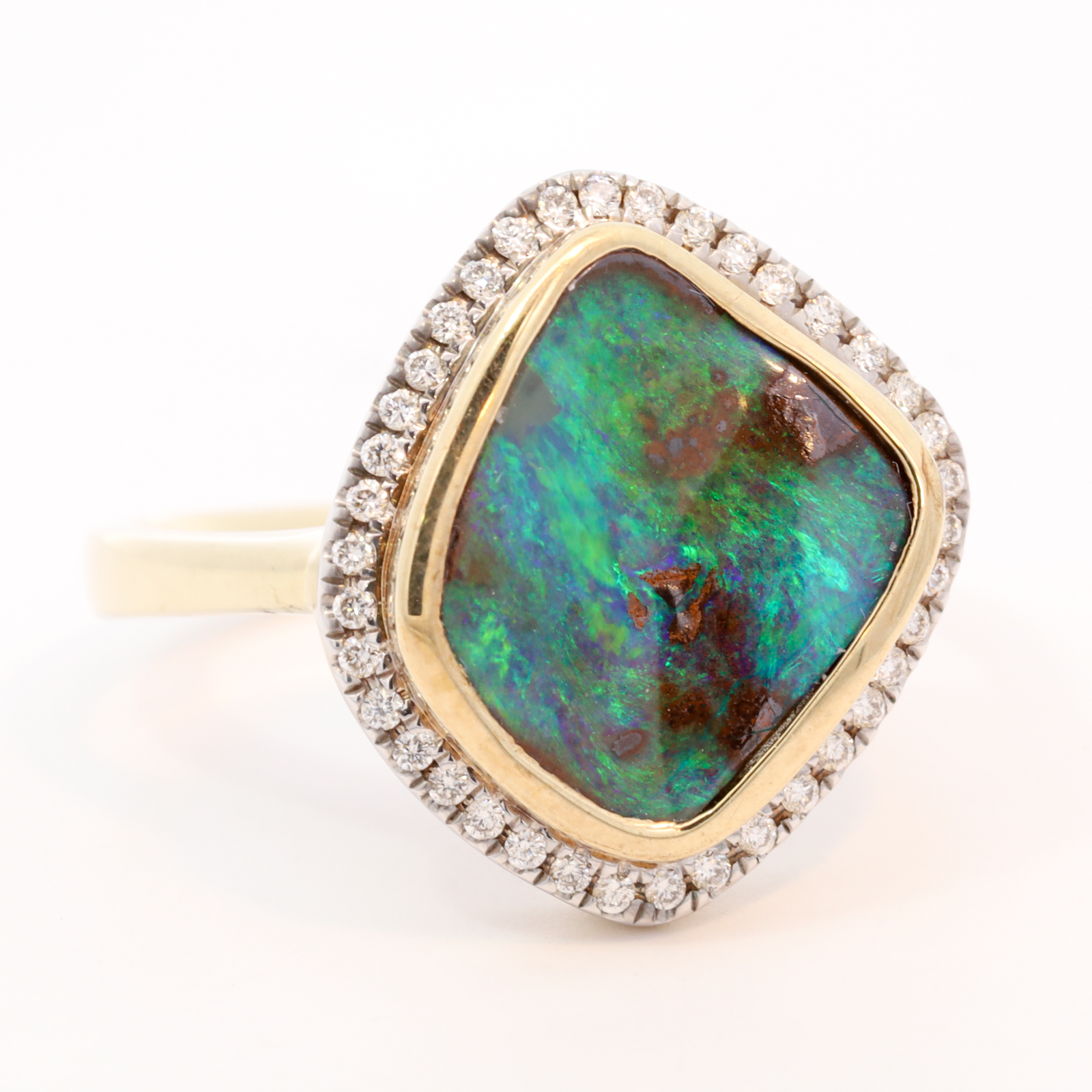 Yellow Gold Blue Green Boulder Opal and Diamond Ring