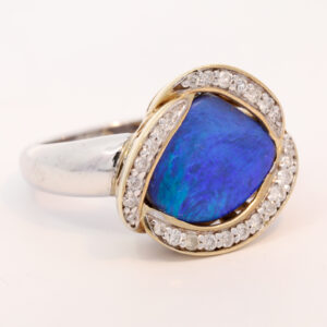 Yellow Gold White Gold Blue Green Purple Boulder Opal and Diamond Ring