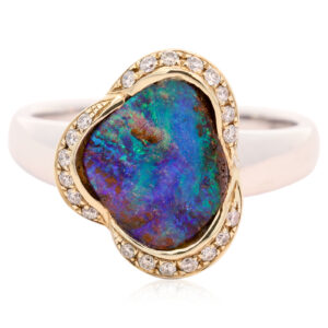 Yellow Gold and White Gold Blue Green Purple Boulder Opal and Diamond Ring