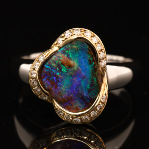 Yellow Gold and White Gold Blue Green Purple Boulder Opal and Diamond Ring