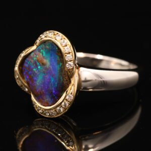 Yellow Gold and White Gold Blue Green Purple Boulder Opal and Diamond Ring